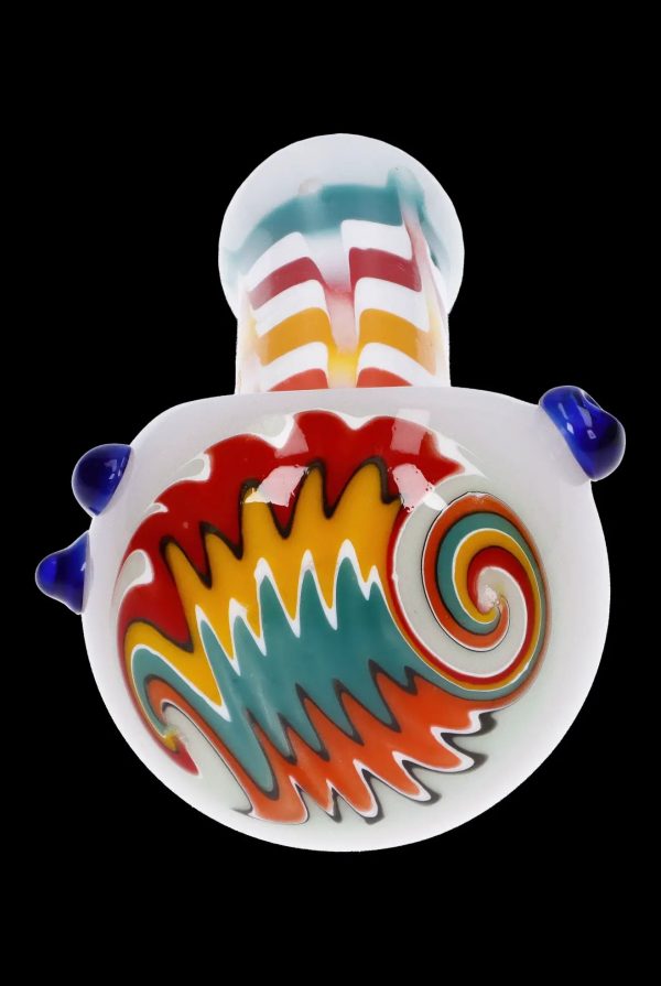 Hand-blown glass bubbler with colorful swirls and blue accents.