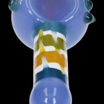 Blue glass pipe with amber and white swirls.