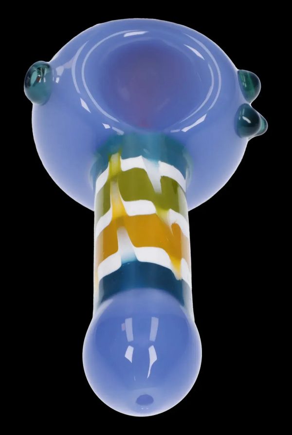 Blue glass pipe with amber and white swirls.