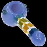 Blue glass smoking pipe with colorful swirls.