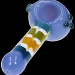 Blue glass pipe with amber and green swirl detailing.