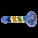 Glass pipe with colorful swirls and bubbles, isolated on a black background.