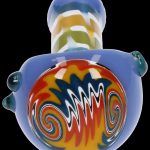 Colorful glass bubbler pipe with flame-like swirls.