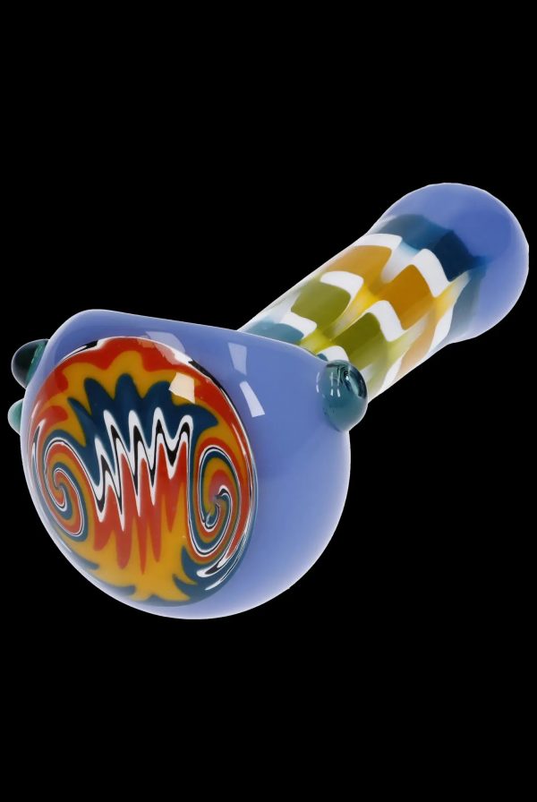 Hand pipe with colorful glass swirls.