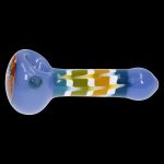 Blue glass pipe with colorful patterned stem, isolated on a black background.