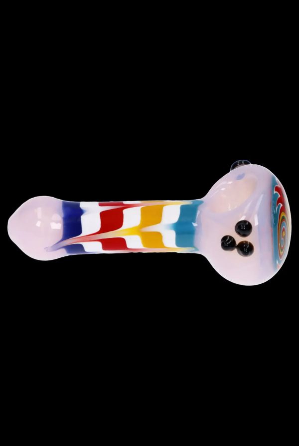 Colorful glass pipe with speckled bowl against a black background.