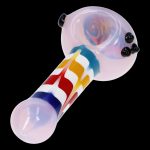 Glass pipe with colorful stripes and iridescent finish.