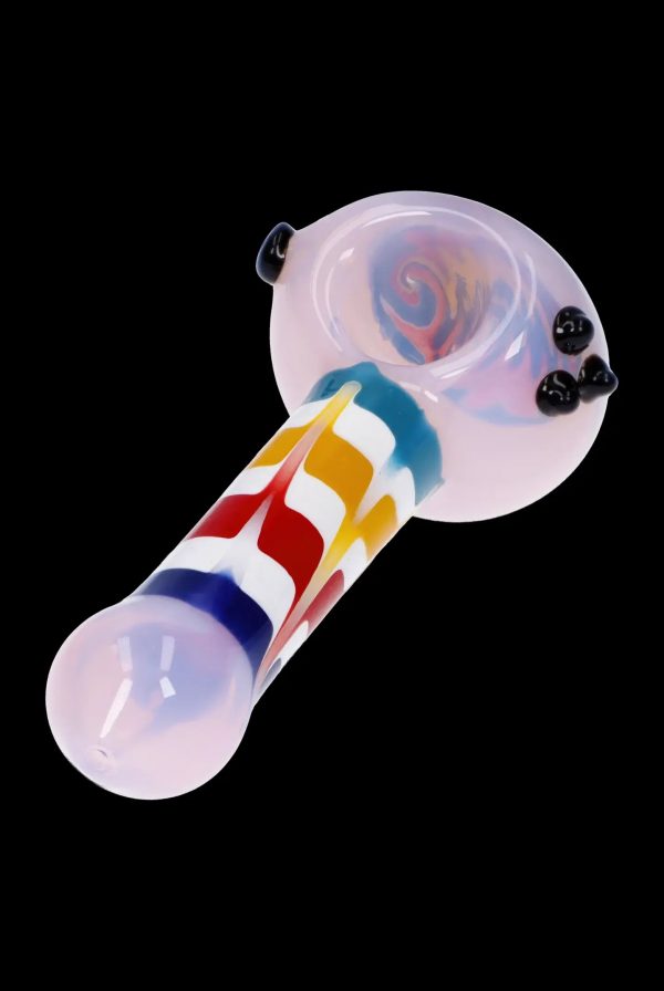 Glass pipe with colorful stripes and iridescent finish.