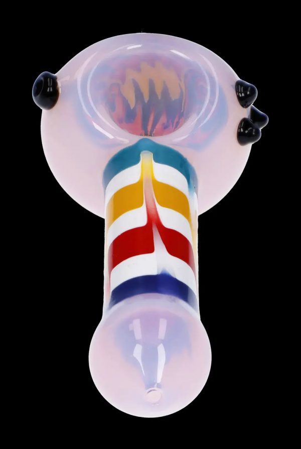 A glass pipe with colorful stripes and a visible bowl.