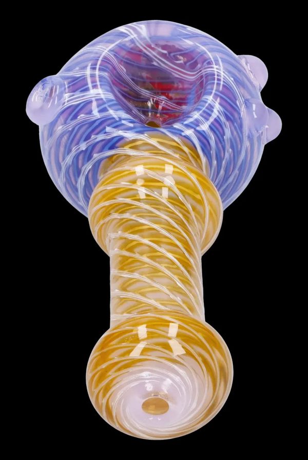 Glass pipe with swirling purple and amber patterns.