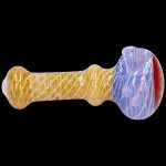Glass pipe with twisted yellow and blue patterns.