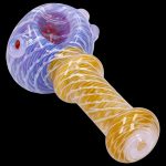 Colorful glass smoking pipe with a swirling blue and purple bowl and a twisted amber stem.