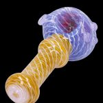 Hand-blown glass pipe with blue and amber swirls.