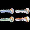 Four colorful glass pipes with unique swirl patterns against a black background.