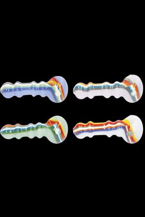 Four colorful glass pipes with unique swirl patterns against a black background.