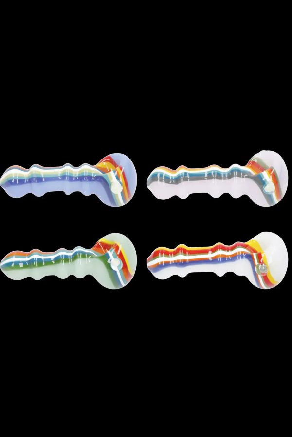 Four colorful glass pipes with unique swirl patterns against a black background.