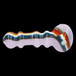 Glass cannabis pipe with rainbow swirl detailing.
