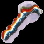 Glass cannabis pipe with colorful swirls and bulbous shape.