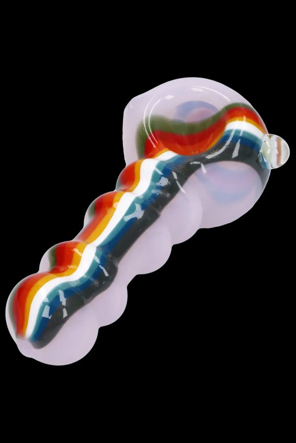 Glass cannabis pipe with colorful swirls and bulbous shape.