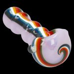 Glass pipe with colorful swirls and bubbled design.