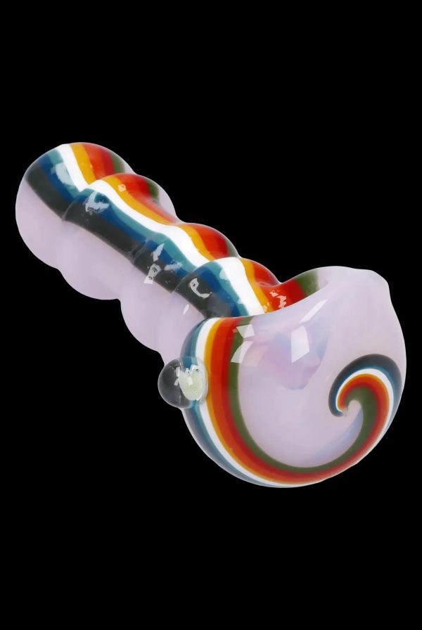 Glass pipe with colorful swirls and bubbled design.