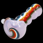 Iridescent glass pipe with colorful swirls and textured grip.