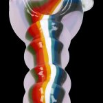 Hand-blown glass pipe with vibrant red, blue, and green swirls.