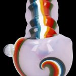 Iridescent glass bubbler with rainbow striping and swirling mouthpiece.