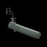 Green glass oil rig with a bent neck and domeless nail, isolated on a black background.