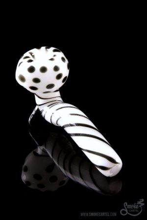 A studio shot of the Mr. Magnificent Sherlock pipe, featuring a white and black patterned design.