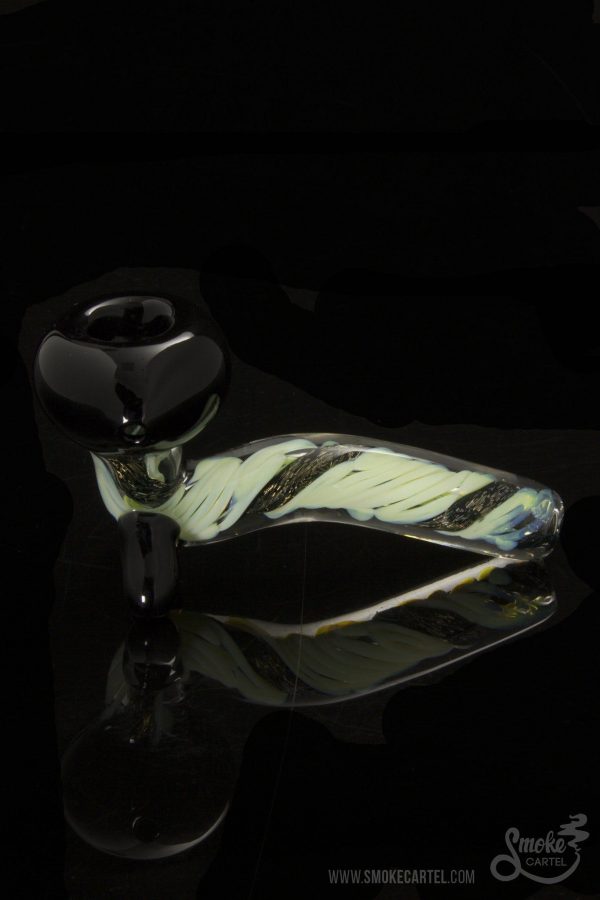 A close-up, angled view of the LA Pipes Mini Sherlock with Slyme Cane and Dichro, showcasing its colorful glasswork.