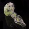 A close-up, angled view of the Green Slyme and Bubble Gum Inside-Out Pipe with Black Marbles, highlighting its translucent glass swirls.