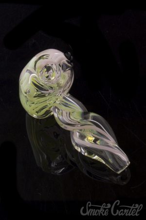 A close-up, angled view of the Green Slyme and Bubble Gum Inside-Out Pipe with Black Marbles, highlighting its translucent glass swirls.