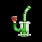 Green glass water pipe with a red and white mushroom-shaped mouthpiece.