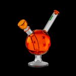 Red glass bubbler water pipe with star details, isolated on black.