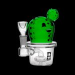 Green cactus-shaped glass bubbler with a clear base and mouthpiece.