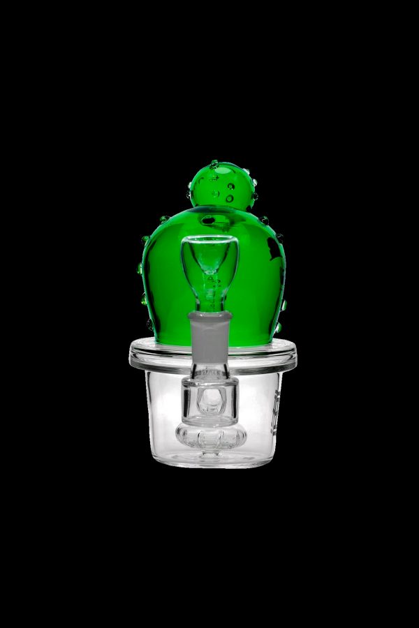 Green glass cactus-shaped dab rig with a clear bubbler base, isolated on a black background.