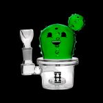 Green cactus-shaped glass rig with a clear glass downstem and bowl, isolated on a black background.