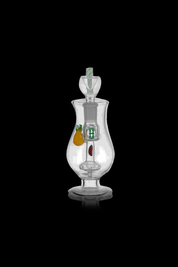 Clear glass water pipe with a pumpkin and leaf design, featuring a branded “H” logo.
