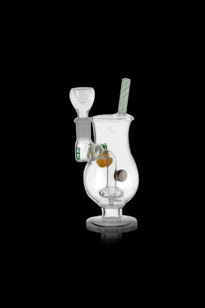 Clear glass bubbler water pipe with green accents and visible cannabis buds inside.