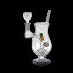 Clear glass bubbler water pipe with colorful glass accents, against a black background.