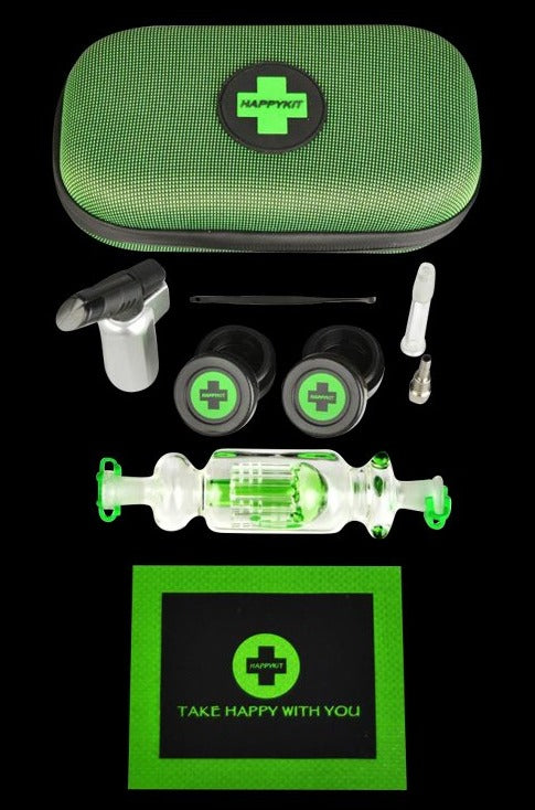 Front view of the Very Happy Dab Kit displayed open, revealing its contents against a dark background.