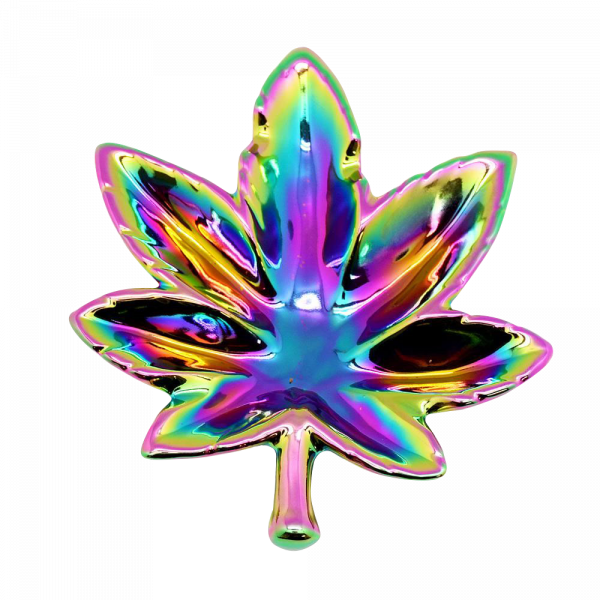 A top-down view of the Hemp Leaf Rainbow Iridescent Ashtray, showcasing its colorful, leaf-shaped design.