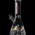 Glass bong with colorful anime-style artwork, featuring a red and black logo.