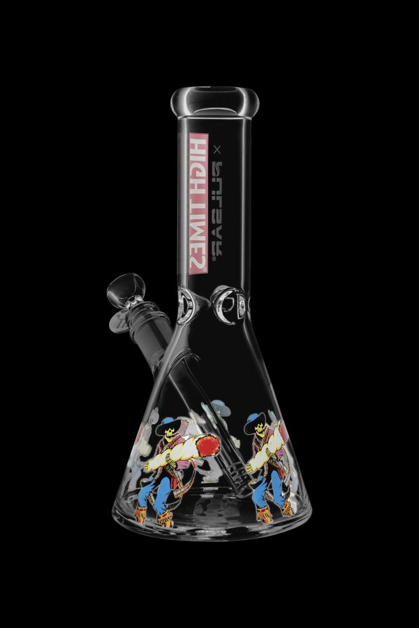 Glass bong with colorful anime-style artwork, featuring a red and black logo.