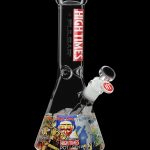 A glass bong branded with “High Times” featuring magazine cover collages around its base, isolated on a black background.