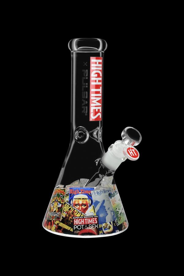 A glass bong branded with “High Times” featuring magazine cover collages around its base, isolated on a black background.