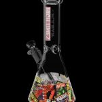 A glass bong with “High Times” magazine collage design and black accents, isolated on a black background.