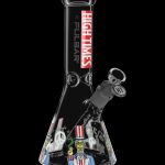 Black glass bong with colorful illustrative designs and a glass bowl, isolated on a black background.