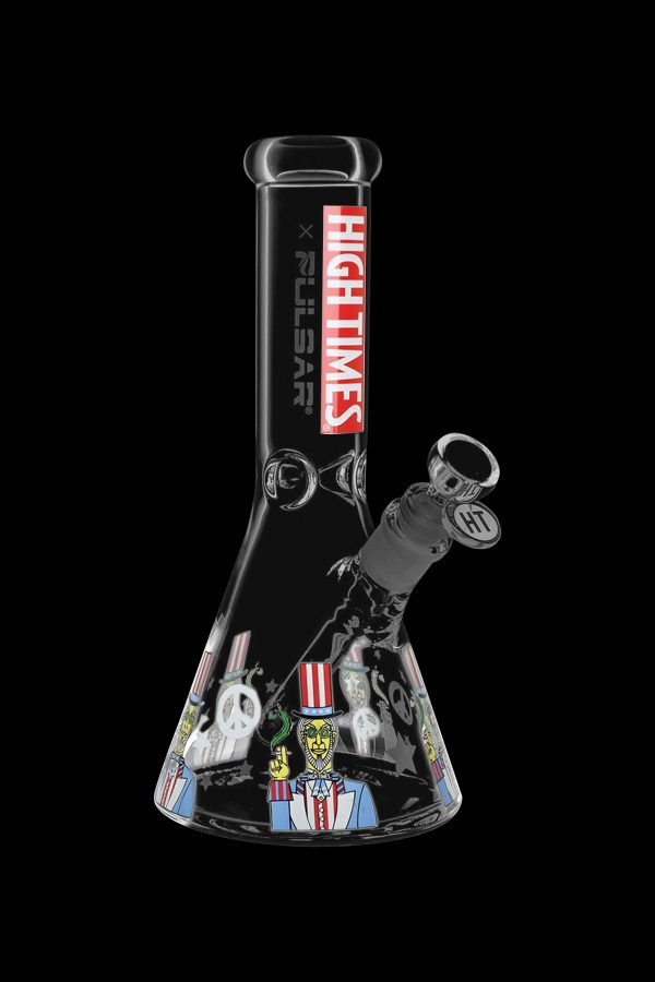 Black glass bong with colorful illustrative designs and a glass bowl, isolated on a black background.